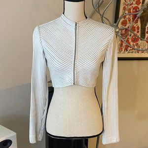 Motorcycle Ribbed Pleats White Leather Crop Jacket